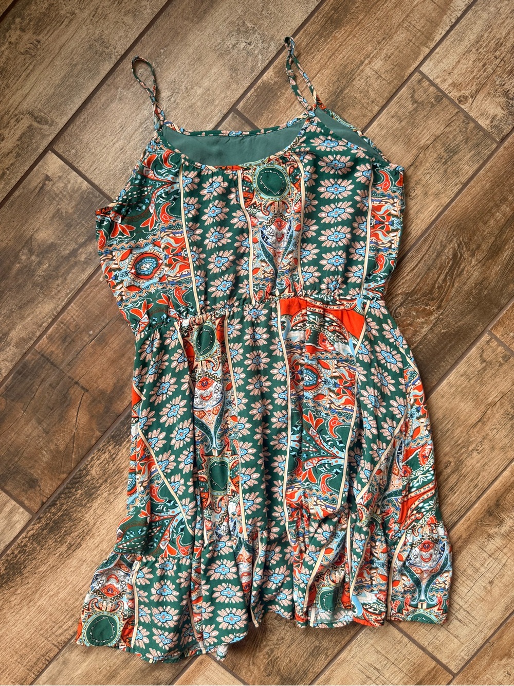 Green Floral Print Mini Dress with Orange Accents - Picture 6 of 9